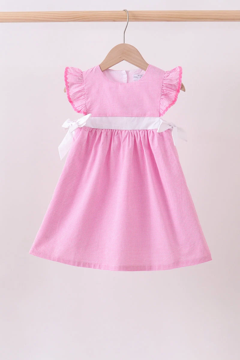 Outstanding Pink bow gingham ruffle dress Official