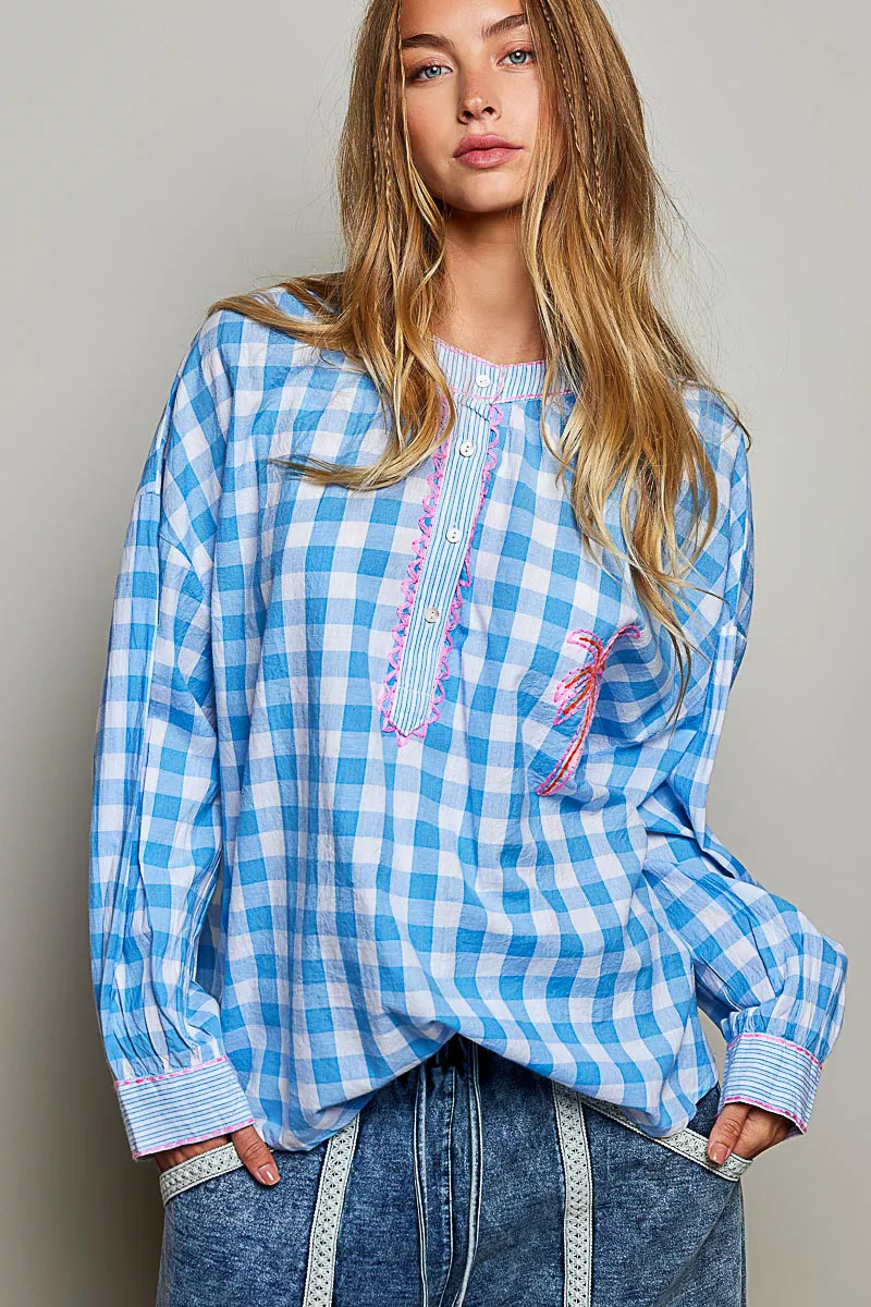 Modern POL Gingham Embroidered Palm Tree Blouse Easy-to-Use