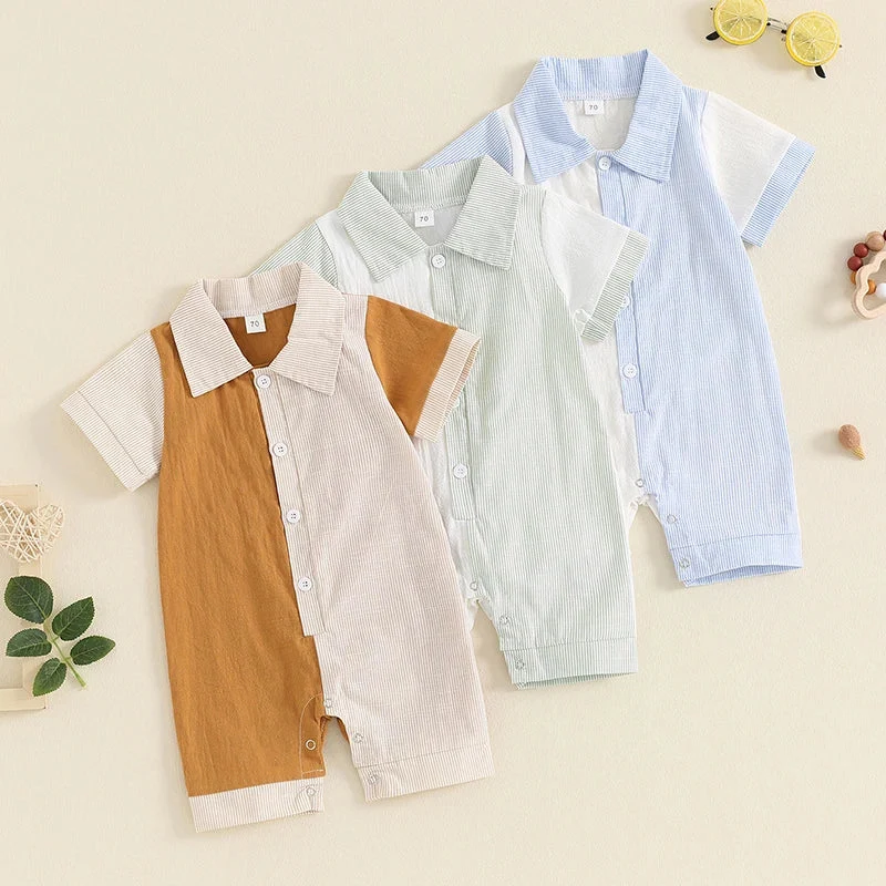 Top-Quality Baby Boy Jumpsuit Summer Short Sleeve Lapel Collar Stripes Contrast Color Print Romper PlaysuitSPECIFICATIONS Consistent
