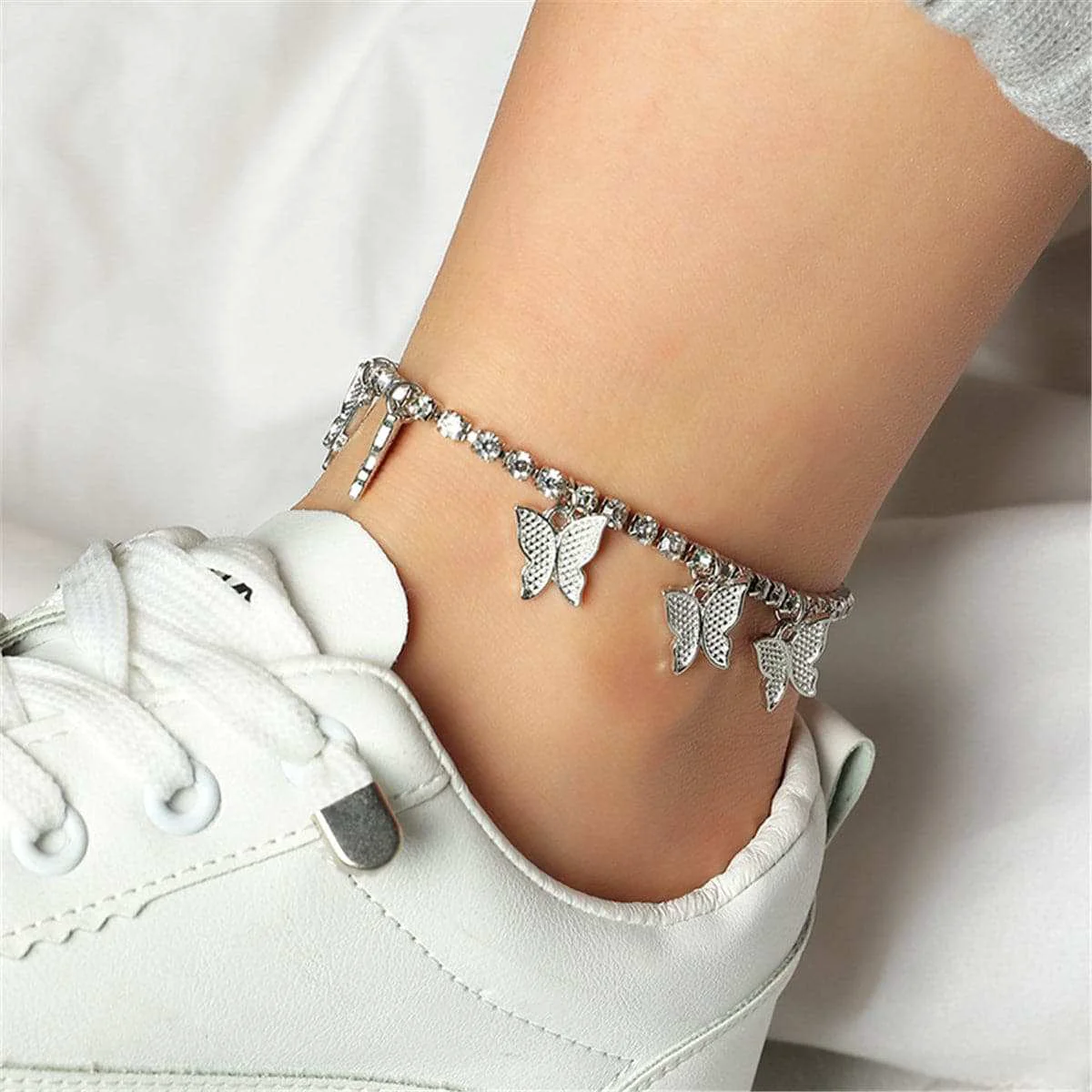 Convenient Cubic Zirconia Silvertone Butterfly Station Anklet Smooth
