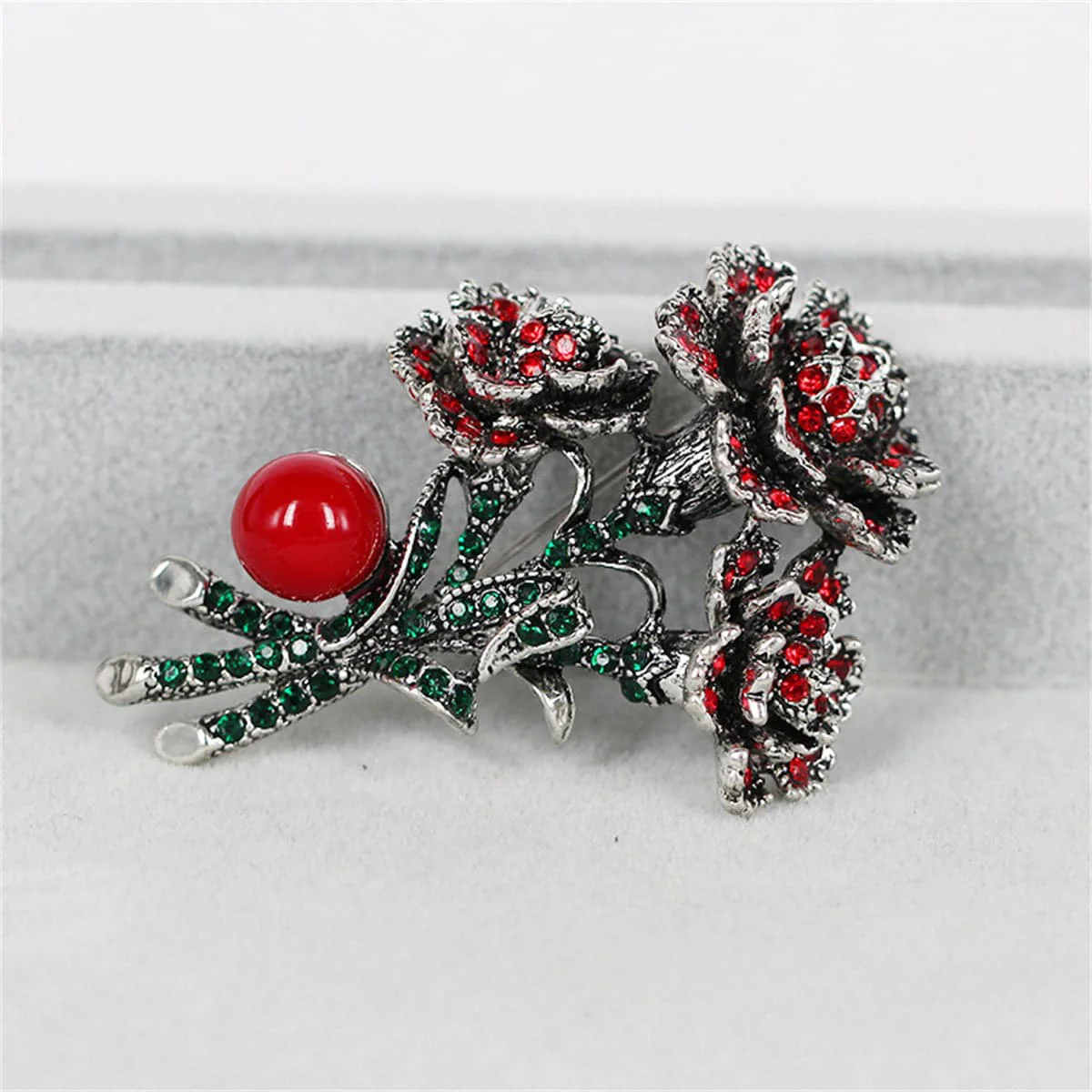 Clean Cubic Zirconia Red Resin Silvertone Flower Brooch Elegant