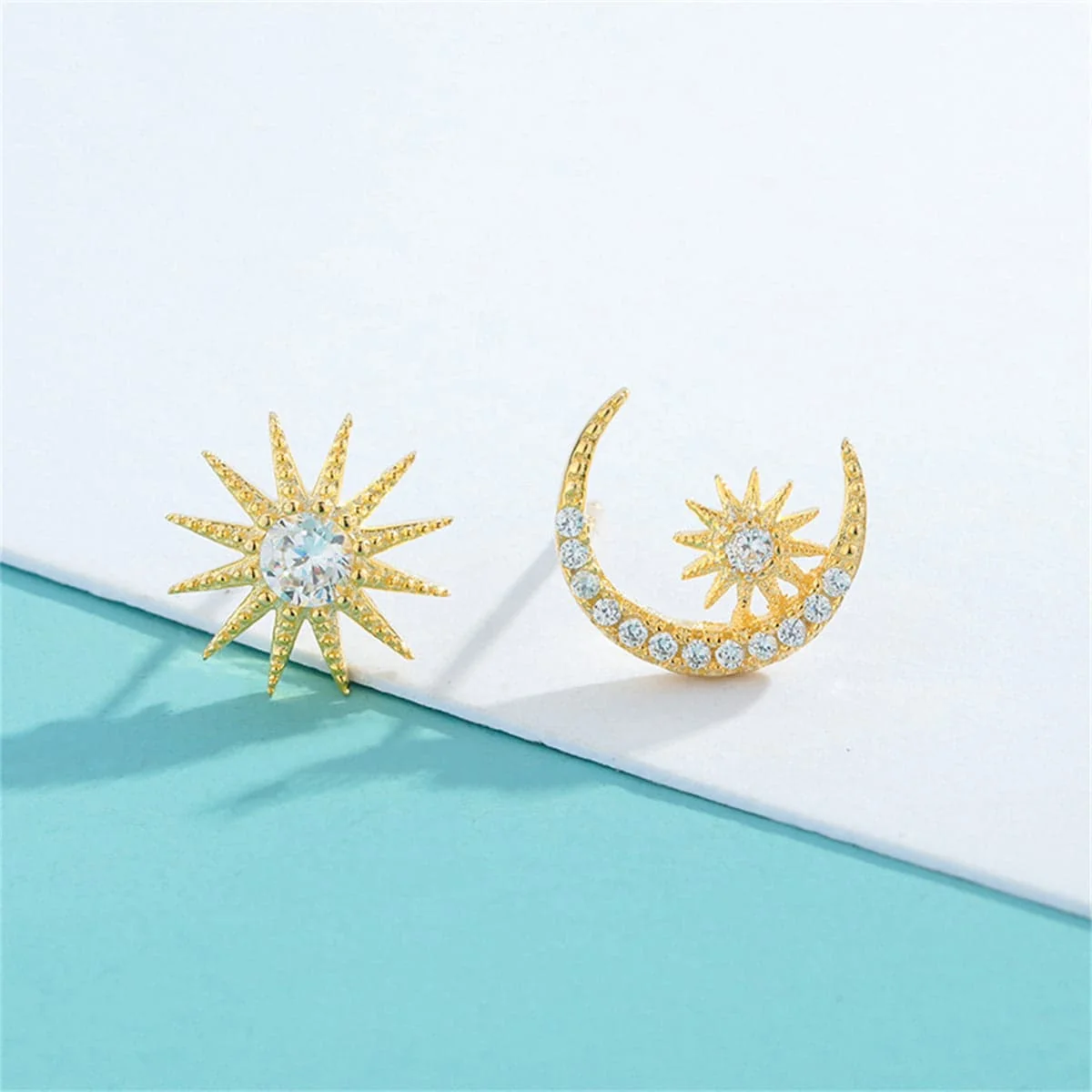 Dependable Cubic Zirconia Goldtone Moon Sun Stud Earrings Verified