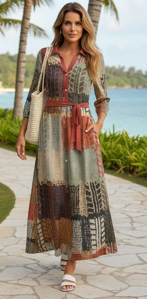 Modern Lily by Firmiana Women s Collared Maxi Dress with Button Placket Waist Tie and Long Sleeves Women s Apparel Rust Brown Patchwork Print Breathable