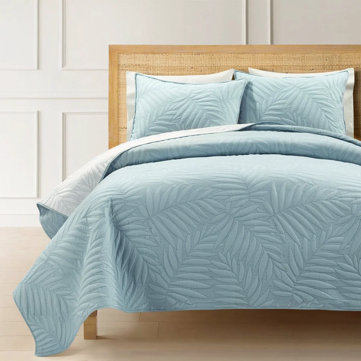 Environmentally Friendly Isla Embroidered Leaf Reversible Cotton Quilt 3 Piece Set Eco-Friendly