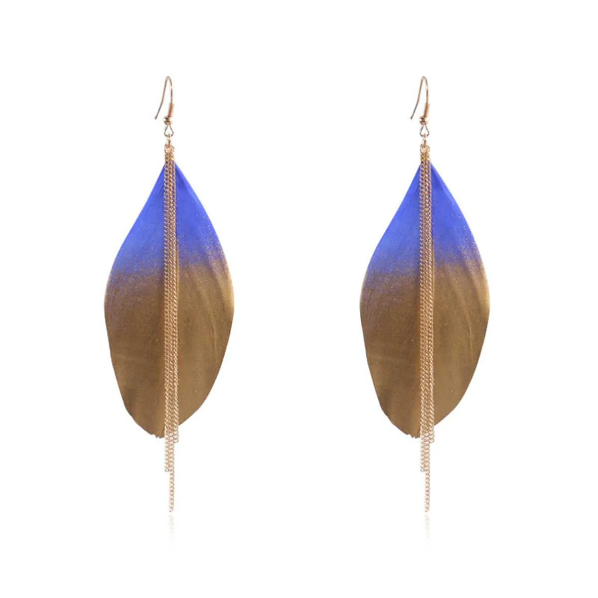 Clean Blue Feather Goldtone Tassel Drop Earrings Casual