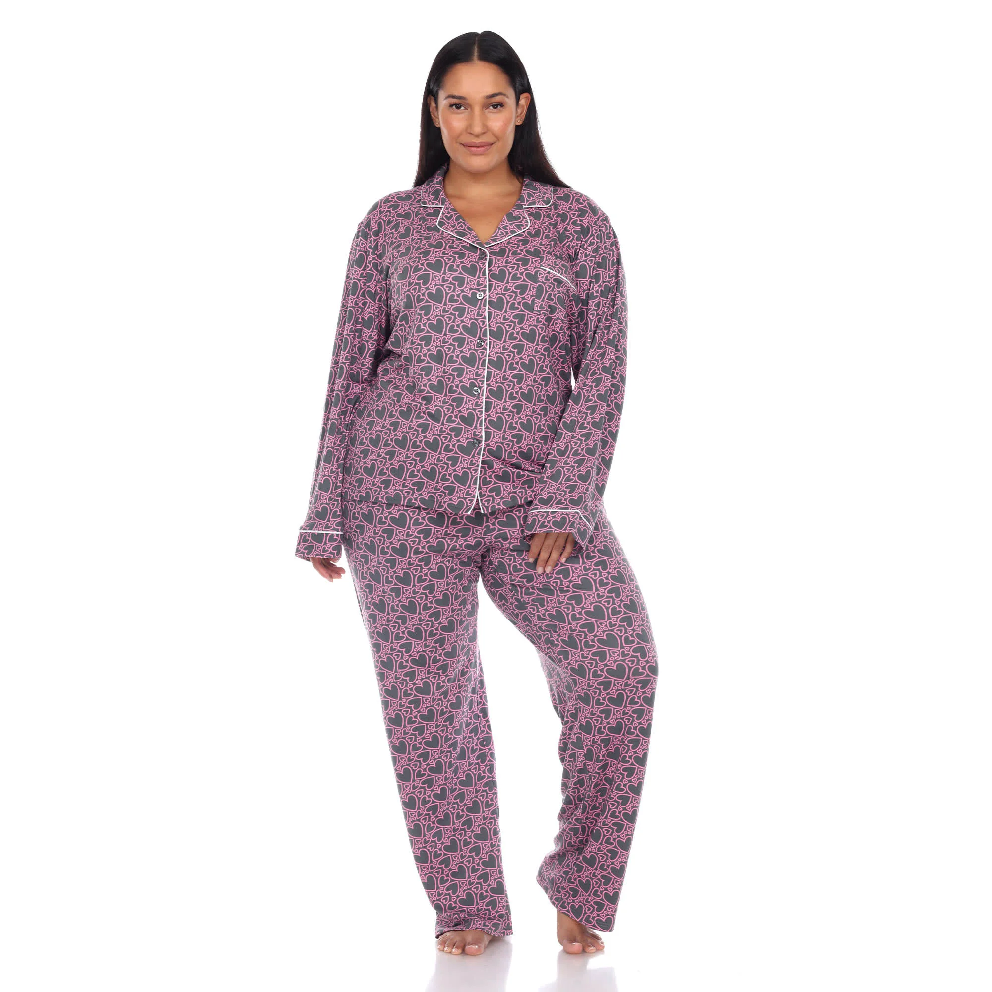 Recyclable White Mark Women's Plus Size Long Sleeve Heart Print Pajama Set Premium
