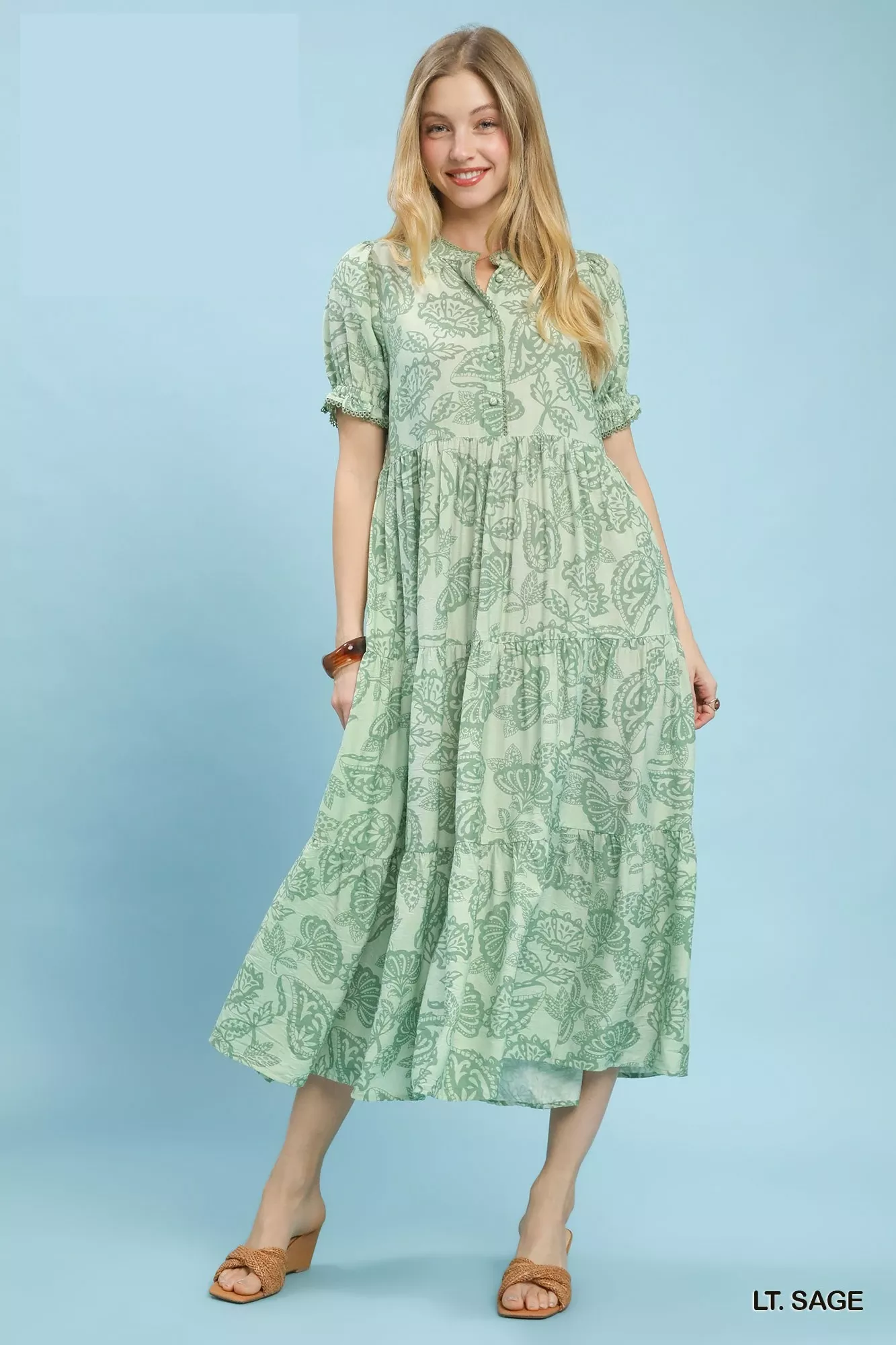 Excellent Umgee Paisley Print Tiered Midi Dress Green