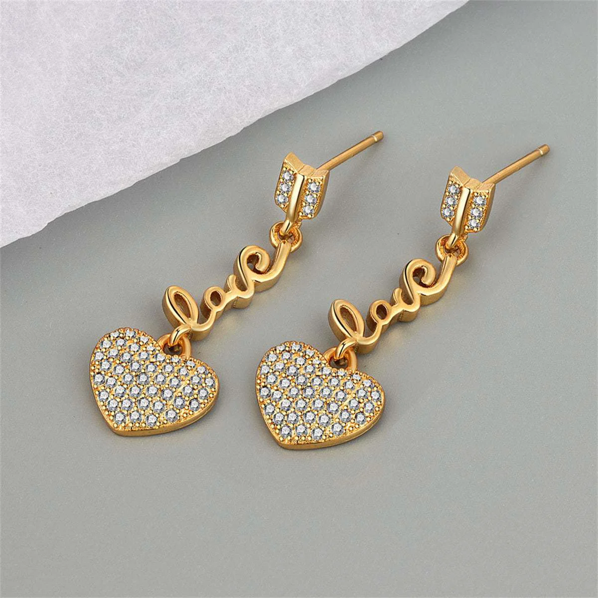Advanced Cubic Zirconia Goldtone 'LOVE' Heart Drop Earrings Fashionable