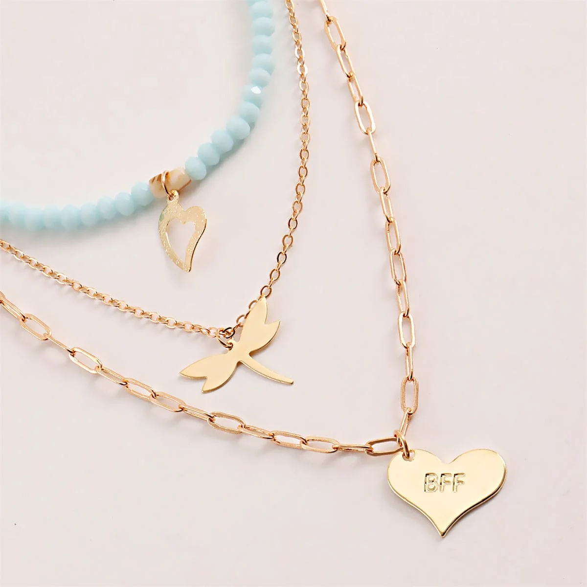 Smooth Blue Acrylic Resin Goldtone Dragonfly Heart Layered Pendant Necklace Fine Crafted