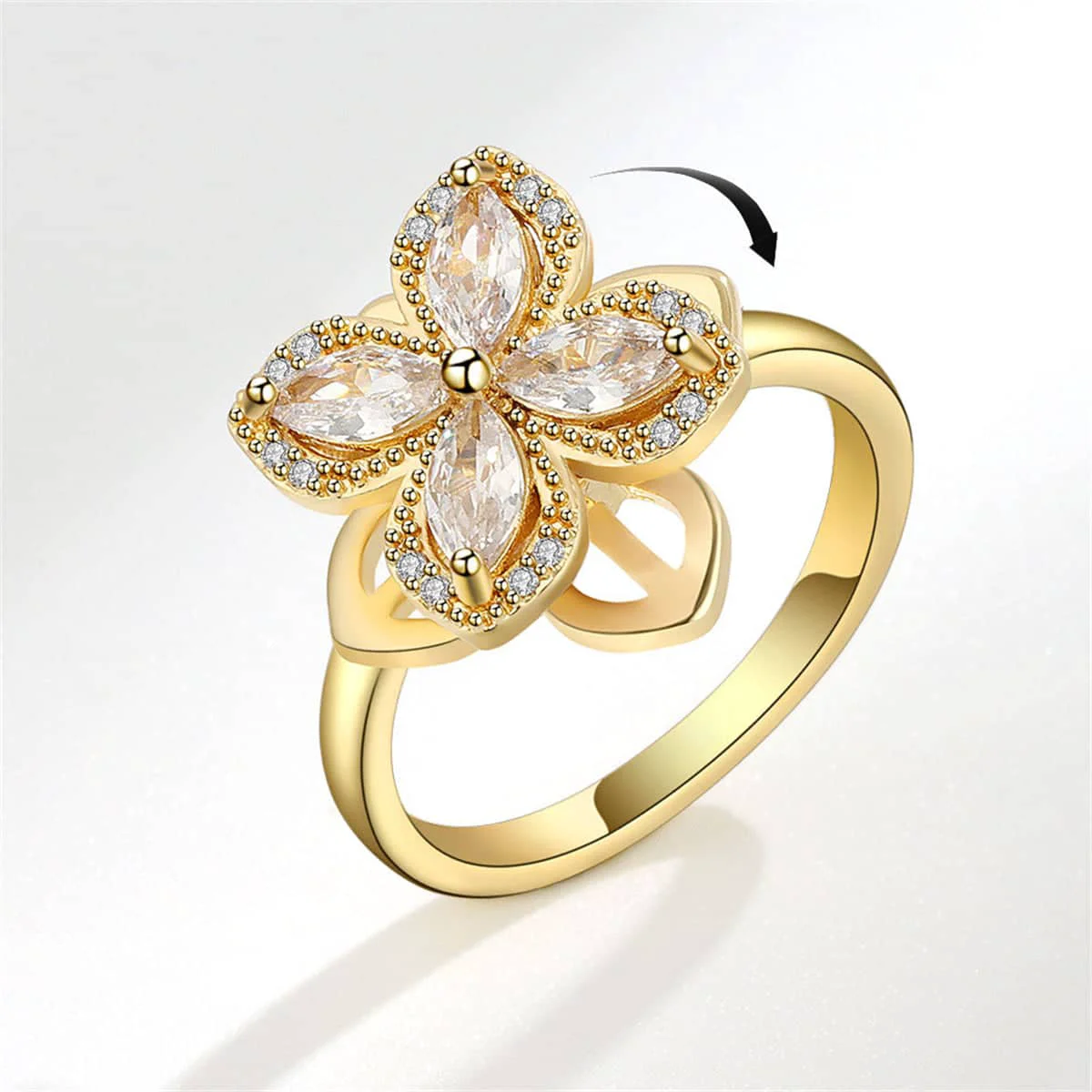Top-Quality Crystal Cubic Zirconia Goldtone Rotating Floral Ring Recyclable