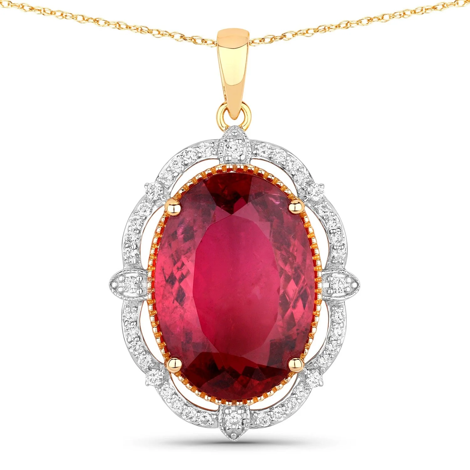 Top-Quality Rubellite and White Diamond 14K Yellow Gold Oval Pendant Fine