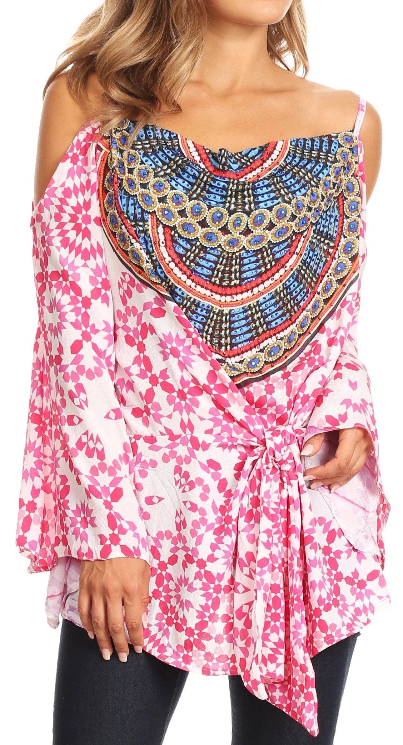 Original Sakkas Bosede Off Shoulder Bell Sleeve Casual Top Blouse w Print and Rhimestones Certified