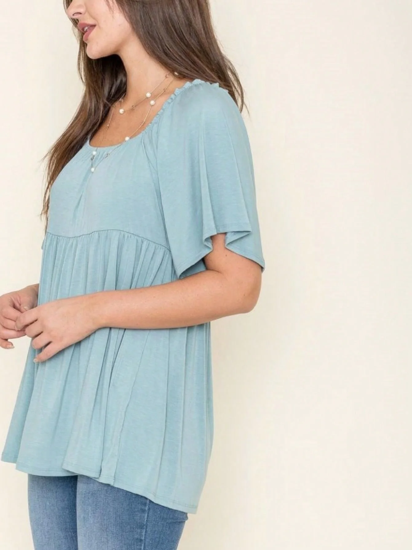 Luxury Summer Spring Solid Green Yellow Cute Baby Doll Top Blouse Tunic Off Shoulder Square Neck Flutter Sleeve Small To 3 XL Plus Reliable
