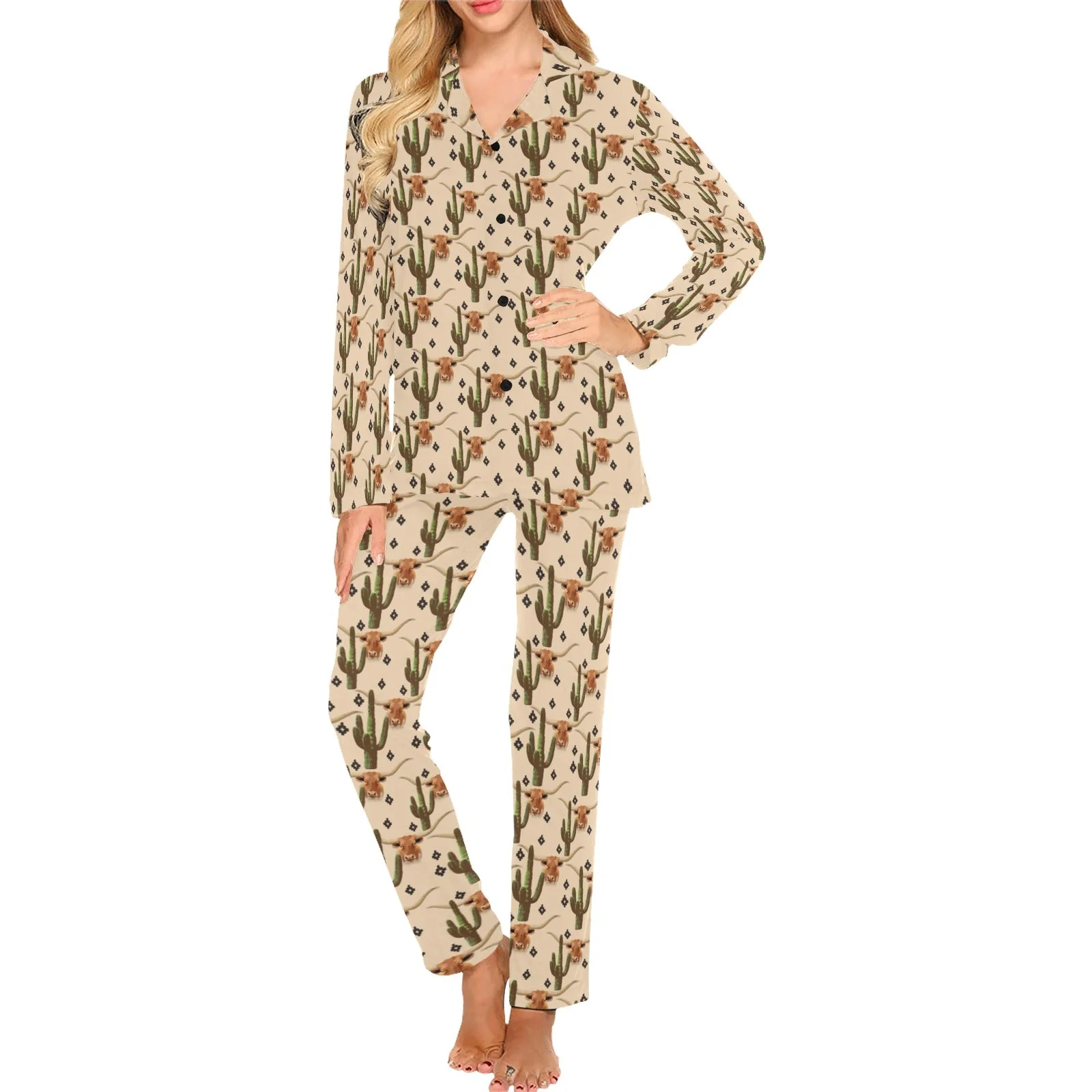 Natural Longhorn Cactus Women's Western Pajama Set Superior