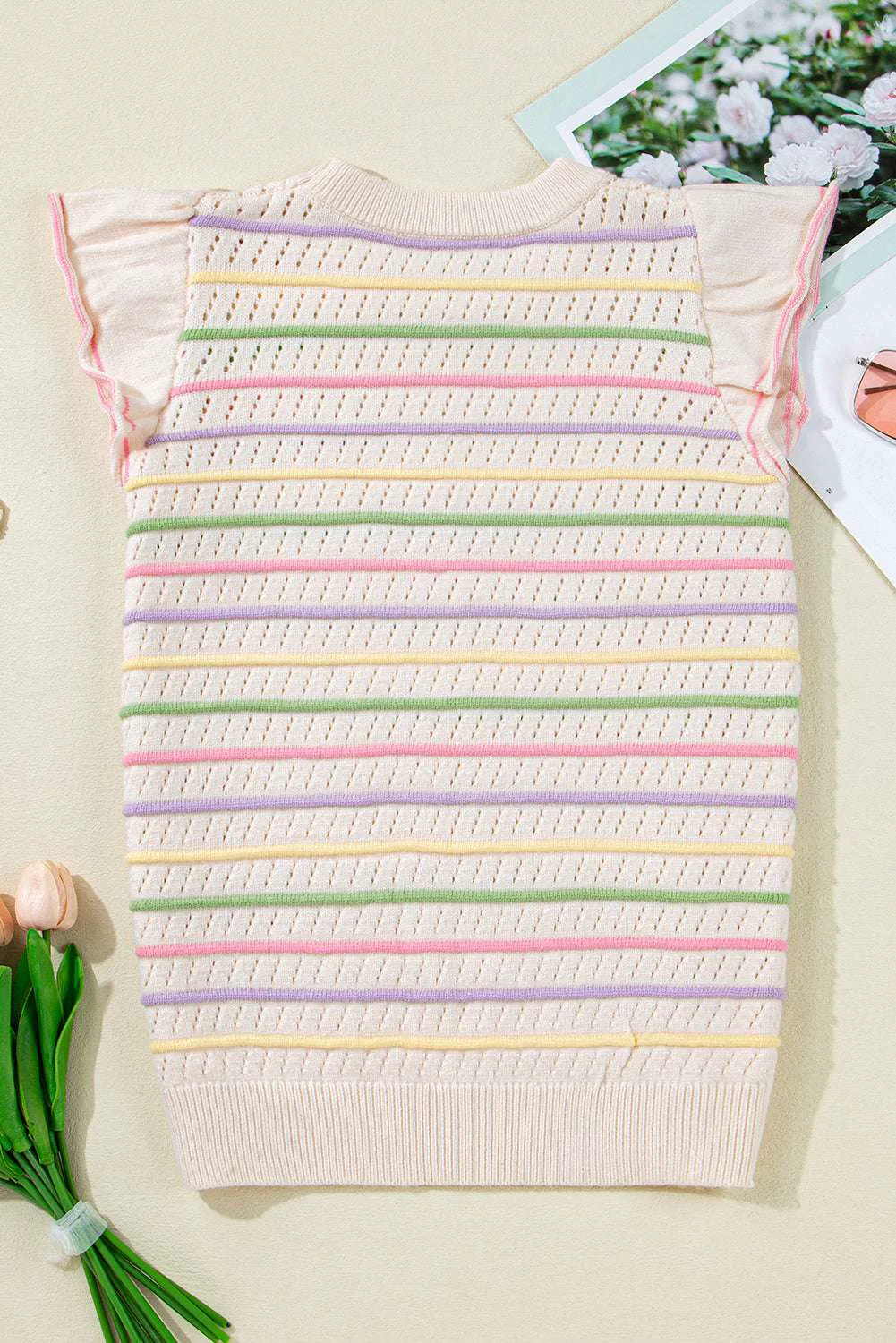 Versatile Threaded Pear Annalise Striped Eyelet Ruffled Sleeve Sweater Authentic