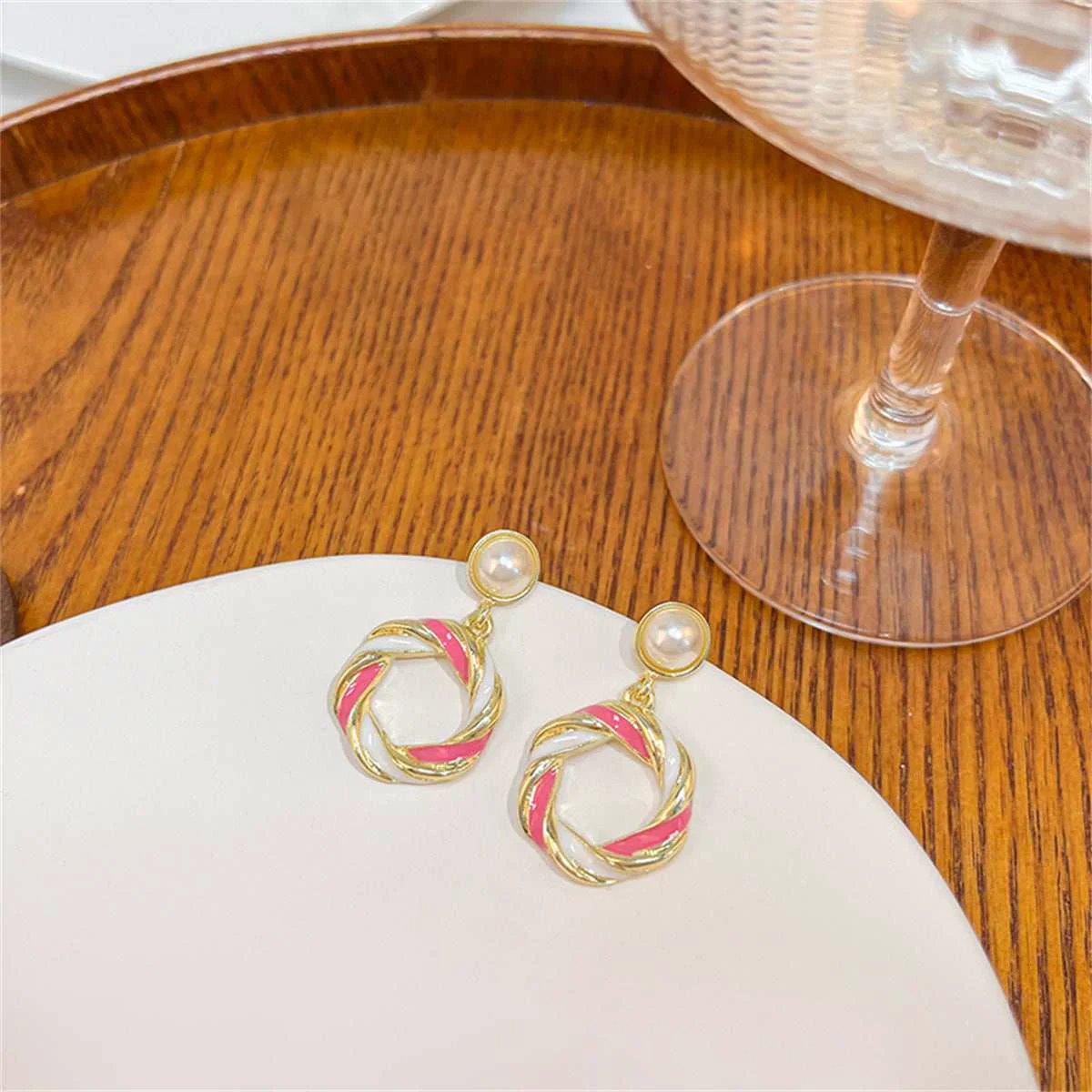 Trusted Pearl White Enamel Goldtone Twine Round Drop Earrings Clean