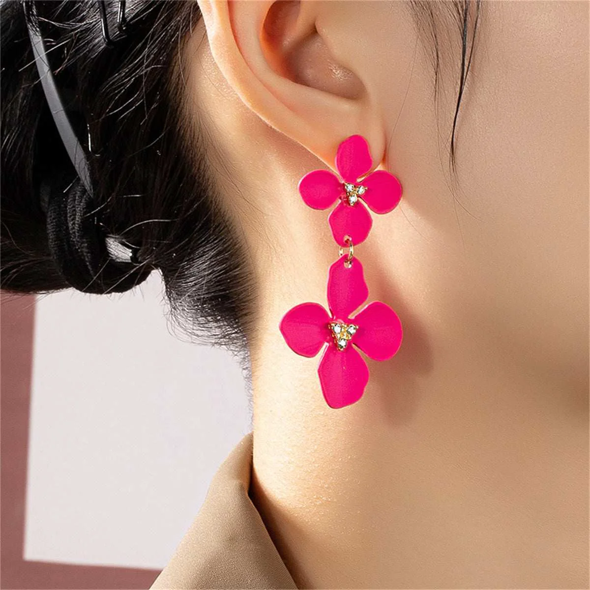 Carefully Designed Rose Enamel Cubic Zirconia Goldtone Flower Dangle Earring Powerful