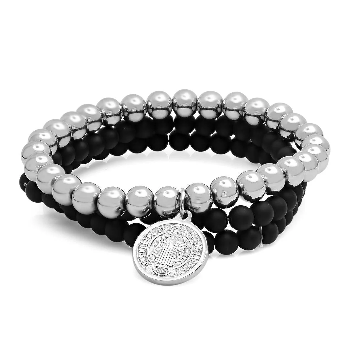 Sustainable St Benedict Black Lava Stainless Steel Beaded Bracelet Stack Certified