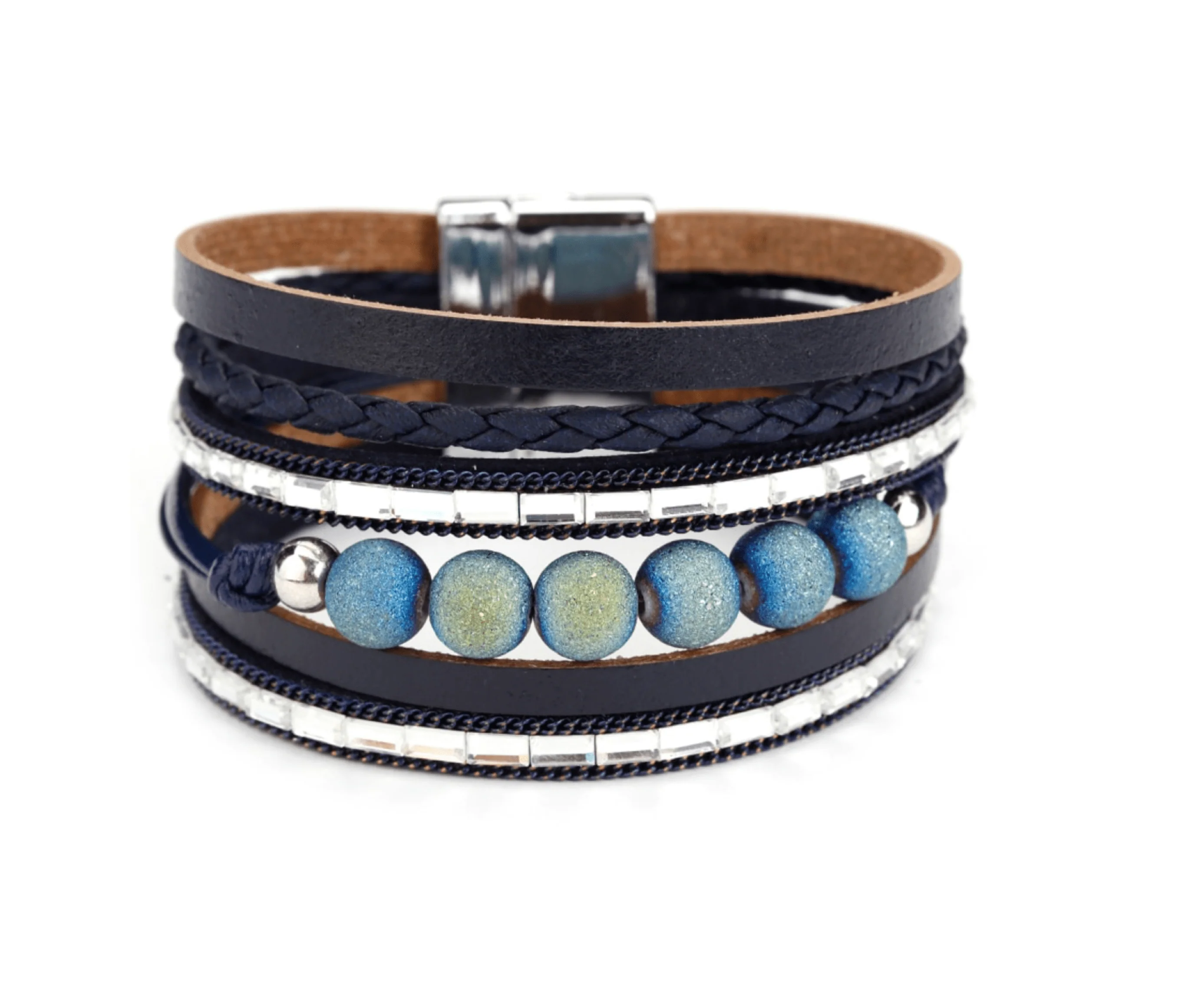 Crafted Blue Beads Black Faux Leather Bracelet Innovative