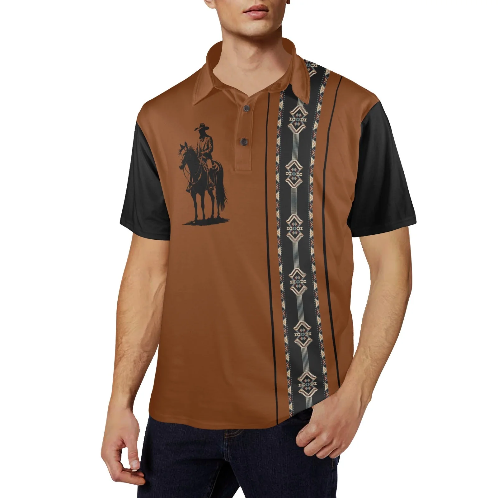 Premium Baha Ranch Brown Aztec Cowboy Western Polo Shirt Sophisticated