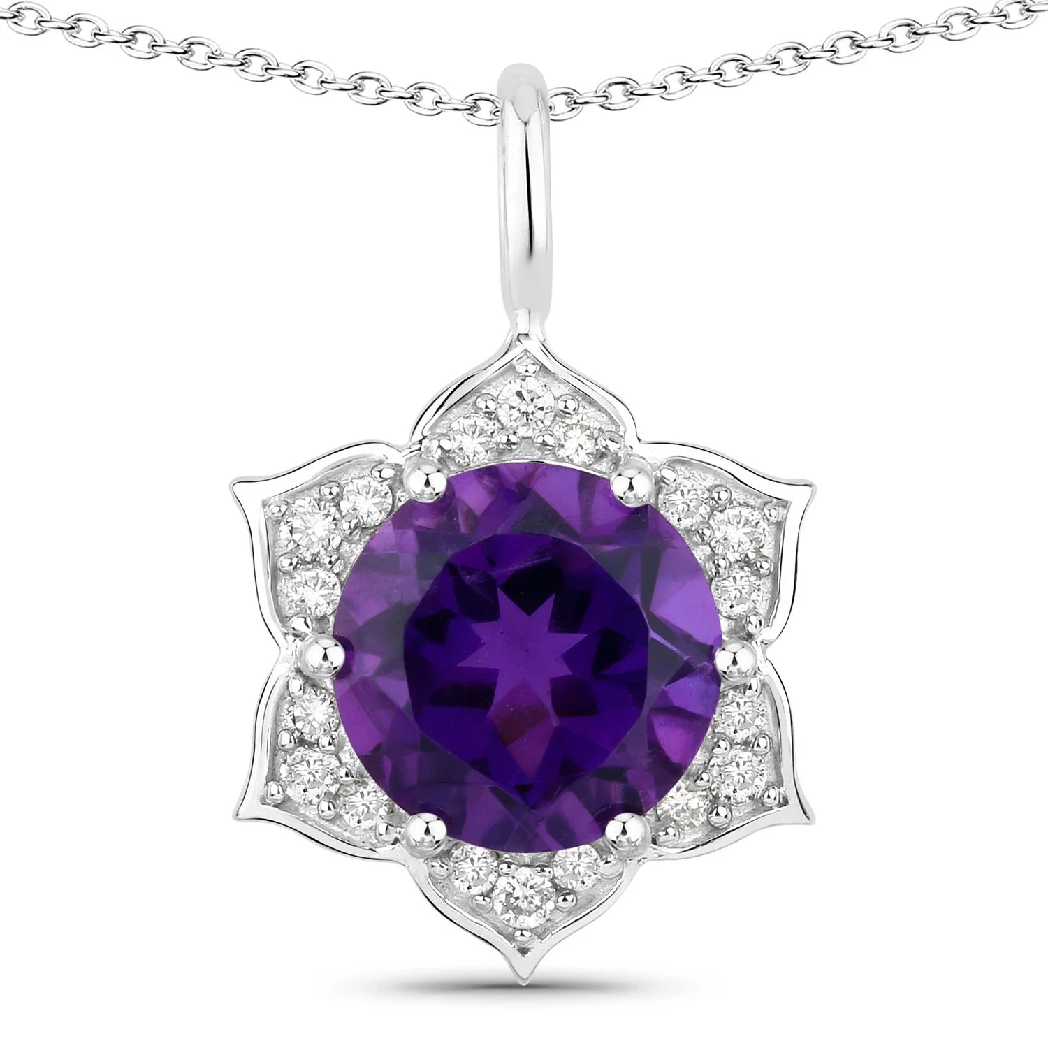 Detailed 1.80 Ct round purple Amethyst and Lab Diamond prong Silver flower pendant Necklace Stylish