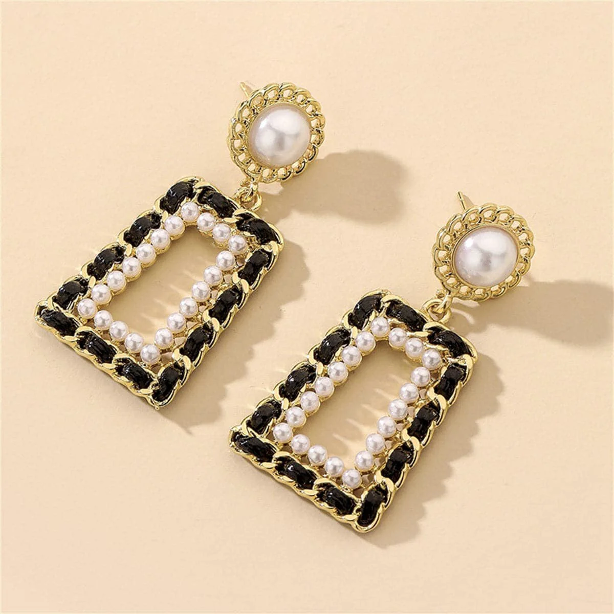 Sophisticated Black Polystyrene Pearl Goldtone Open Geometric Drop Earrings Pure