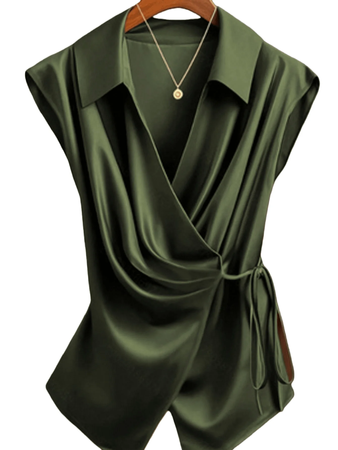 Sustainable Chic YC Women's Satin Wrap Blouse Spring Summer Elegant Sleeveless Tie-Waist Top Smooth