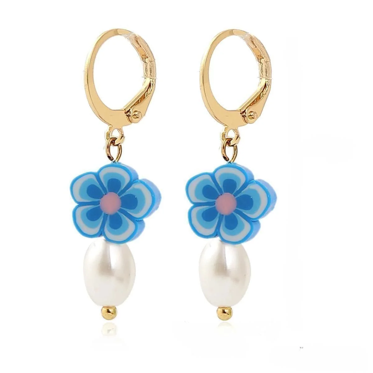 Soft Pearl Polymer Clay Goldtone Flower Huggie Earrings Optimized