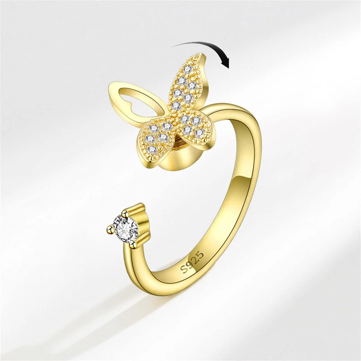 Verified Cubic Zirconia Goldtone Rotating Butterfly Open Ring Artisan