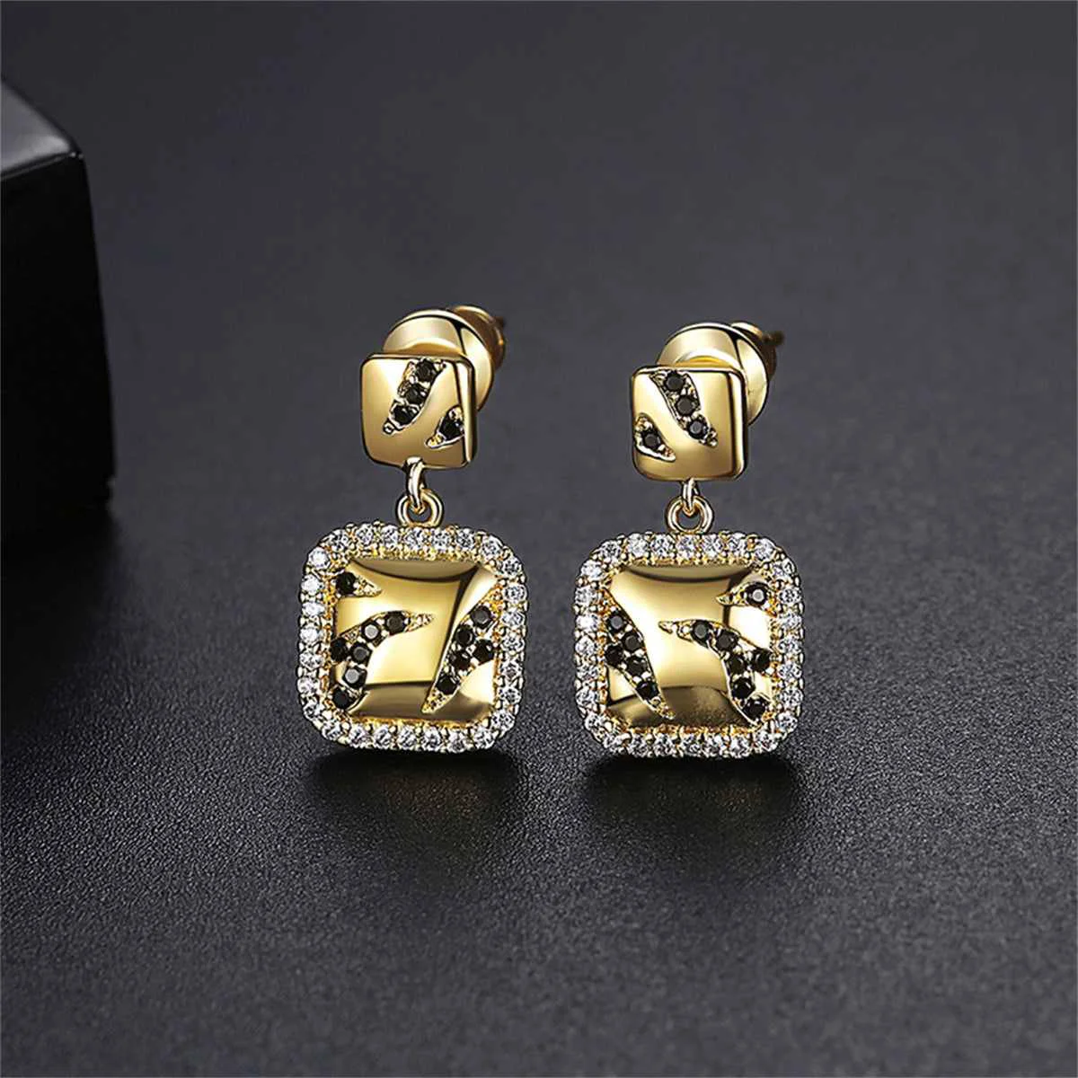 Authentic Black Cubic Zirconia Goldtone Halo Square Drop Earrings Premium Material