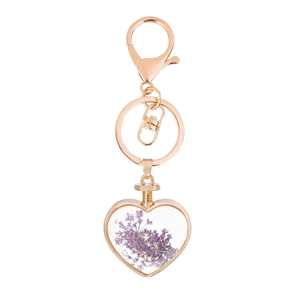 Certified Light Purple Pressed Gypsophila Goldtone Heart Key Chain Top-Quality