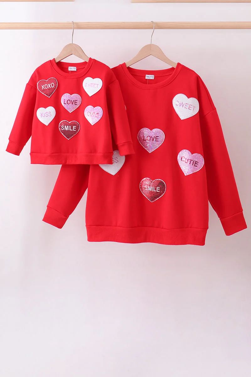 Smooth Red heart love smile sequin fleece mom me sweatshrit First-Class
