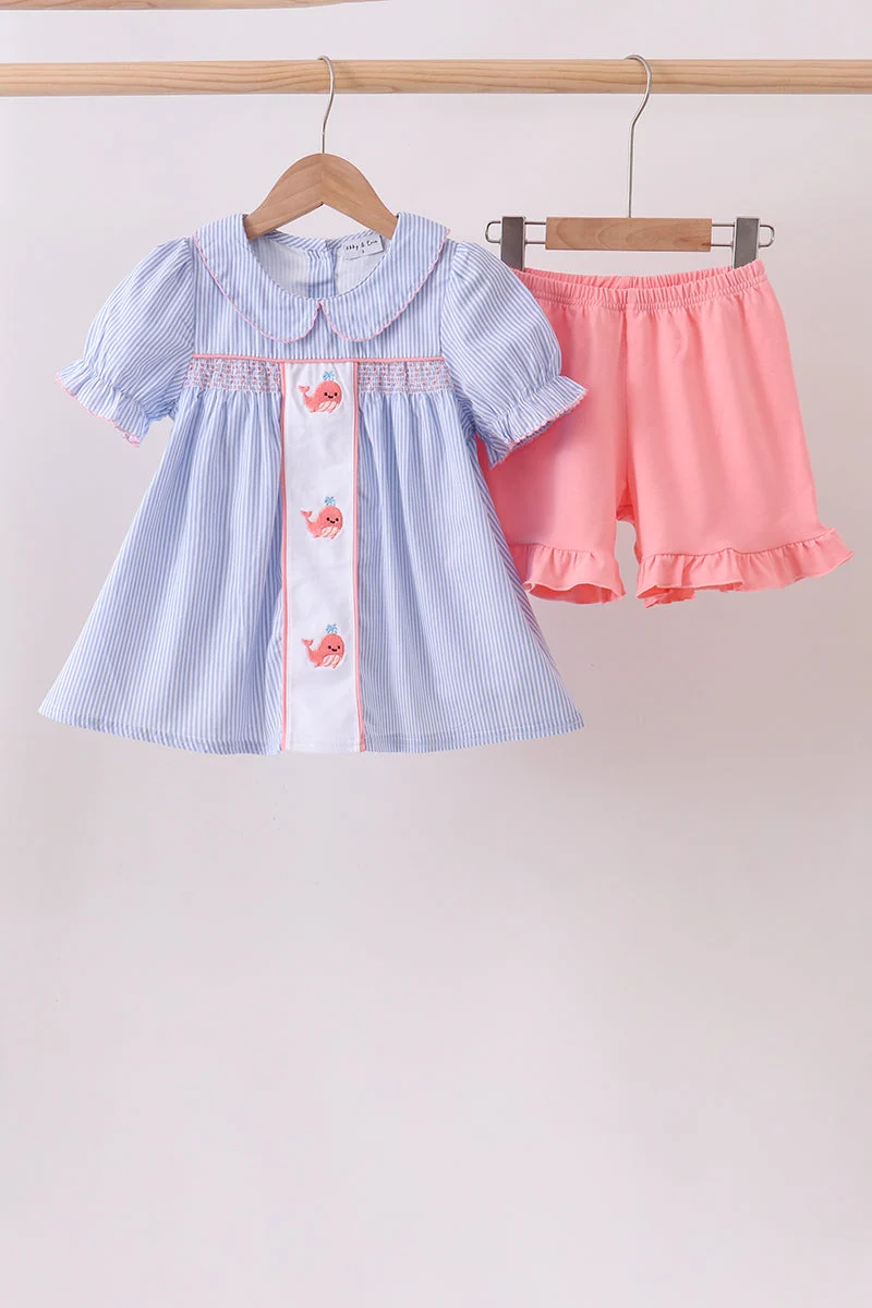 Modern Blue Whale Smocked Seersucker Shorts Set Casual