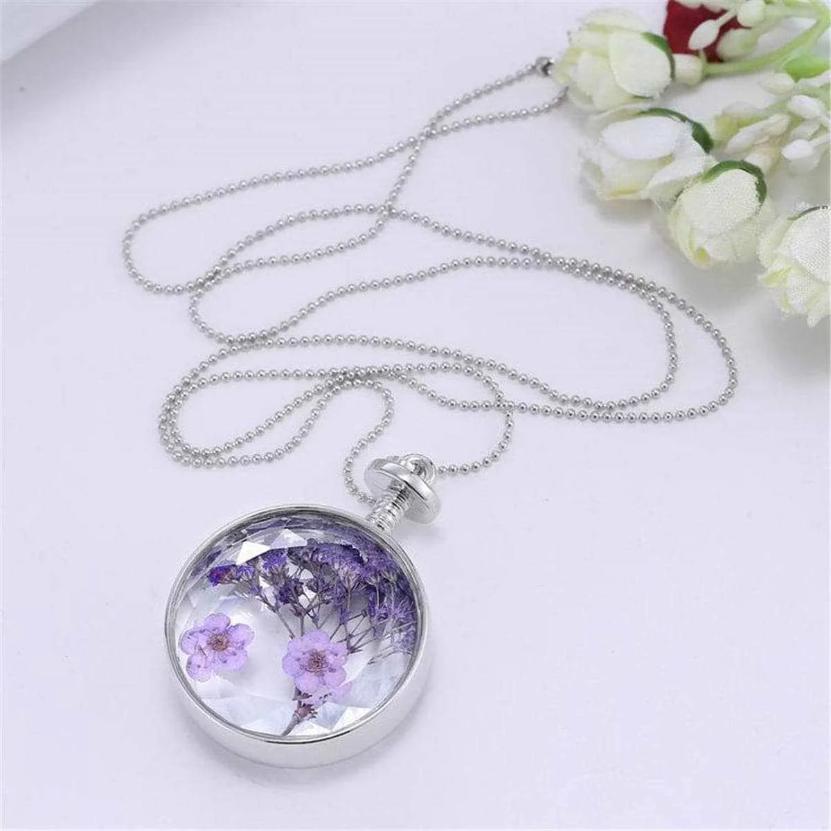 Authentic Purple Peach Blossom Silvertone Round Pendant Necklace High-Quality