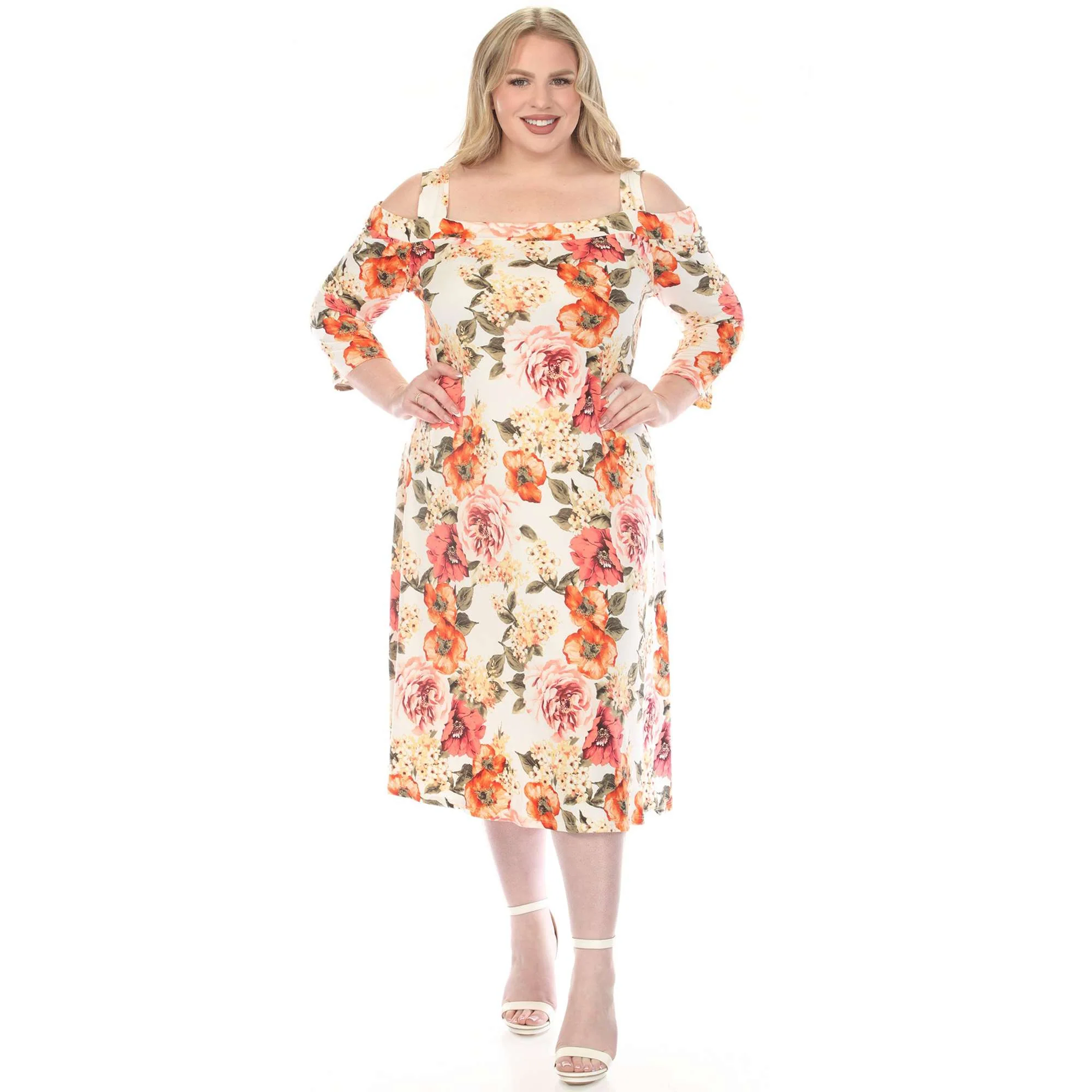 Smart Women's Plus Size Cold Shoulder 3 4 Sleeve Dress Practical